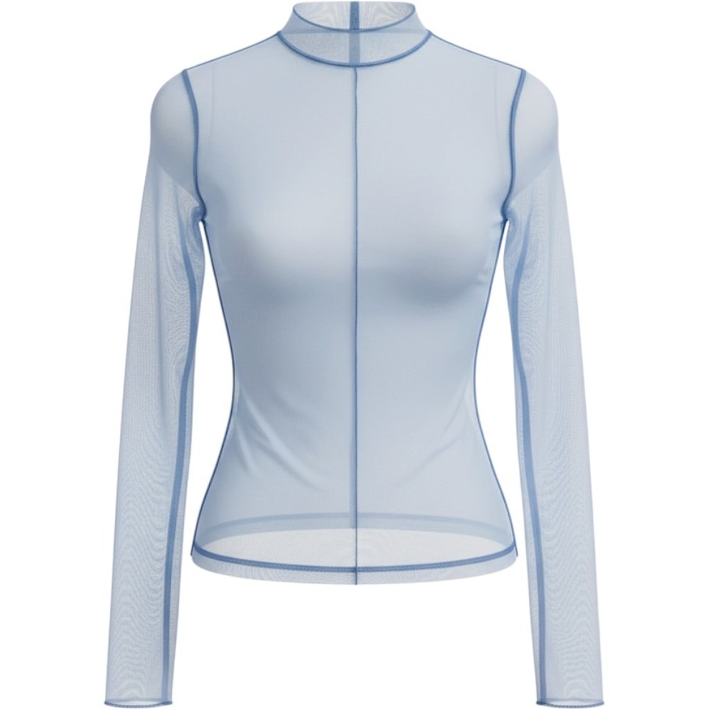 Zara Womens Light Blue Sheer Mesh Mock Neck Long Sleeve Top Size M Minimalist